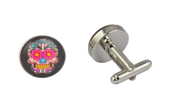 Pink Flower Skull Cufflinks